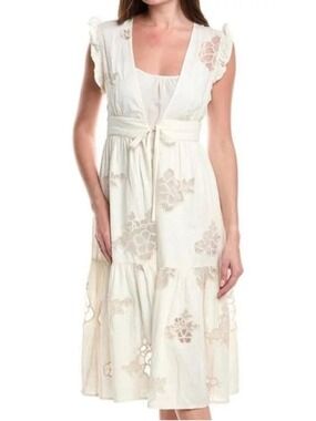 Cabi Laguna Slip Dress Cream Ivory Off White Embroidered Floral Size M EUC